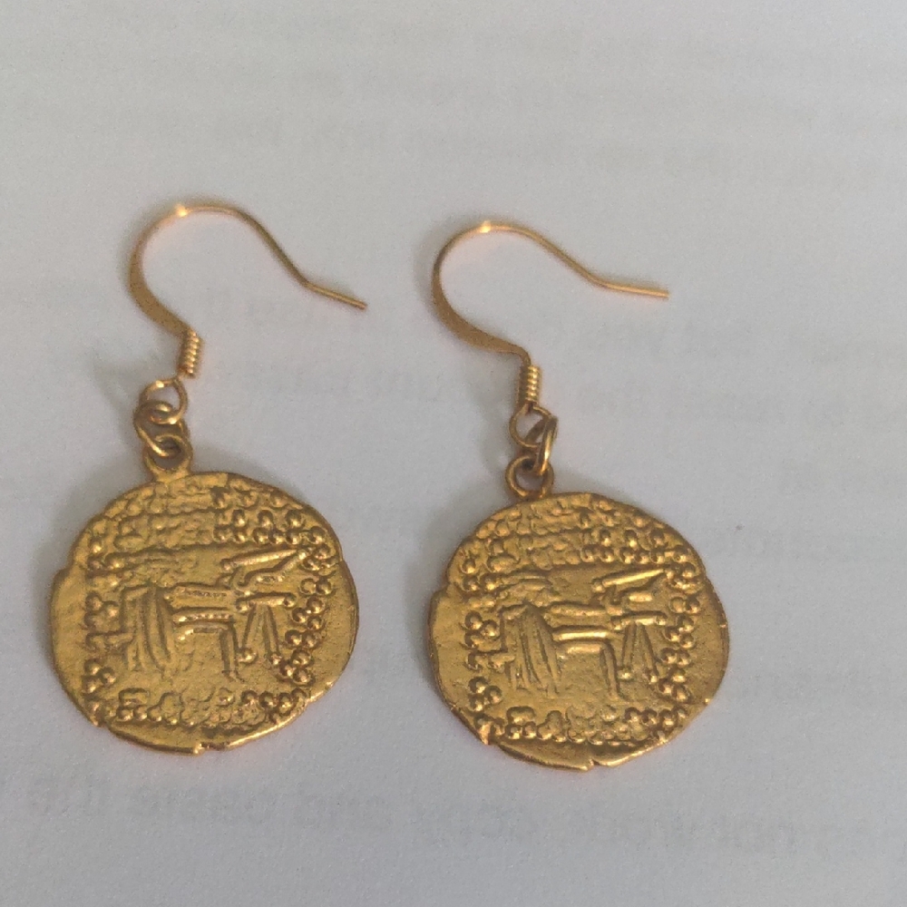 Gold Coin Drop Earrings, 22 Karat Gold Plated, Replica Ancient Coin New